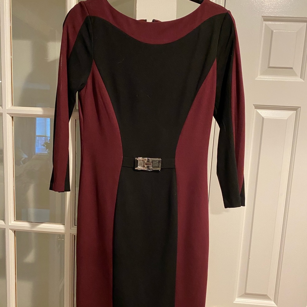 New Wine and black knee length dress cinched waist